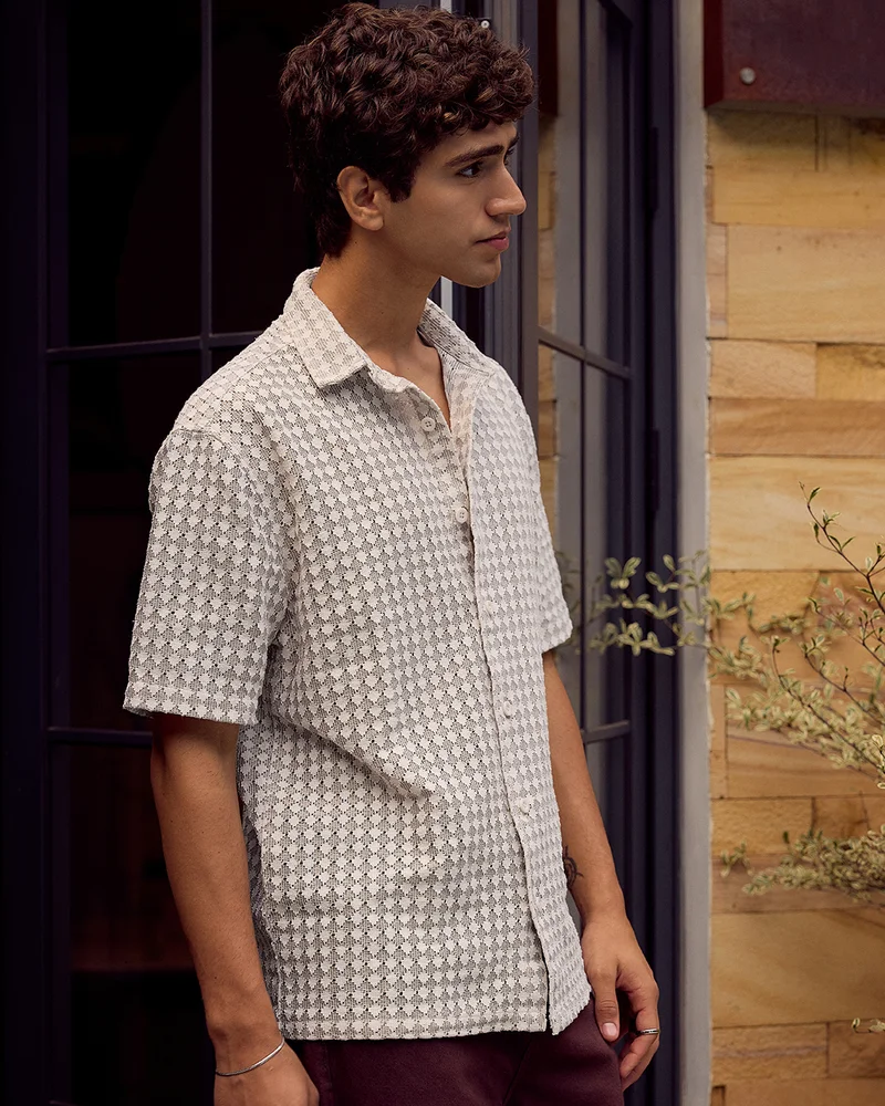 bewakoof Men's Off White Textured Oversized Crochet Shirt